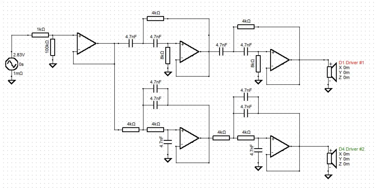 Schéma électronique d'un amplificateur audio avec deux sorties pour haut-parleurs, potentiellement pour un caisson de basse passif ou actif.