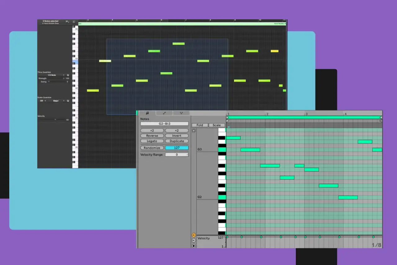 Édition d'une piste midi dans un logiciel de musique. Des notes colorées apparaissent sur une grille, avec des options d'édition comme