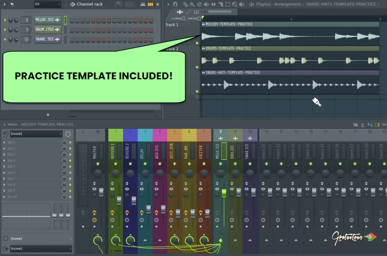 Interface de Fl Studio avec un template de pratique inclus pour la mélodie, la batterie et les snares.
