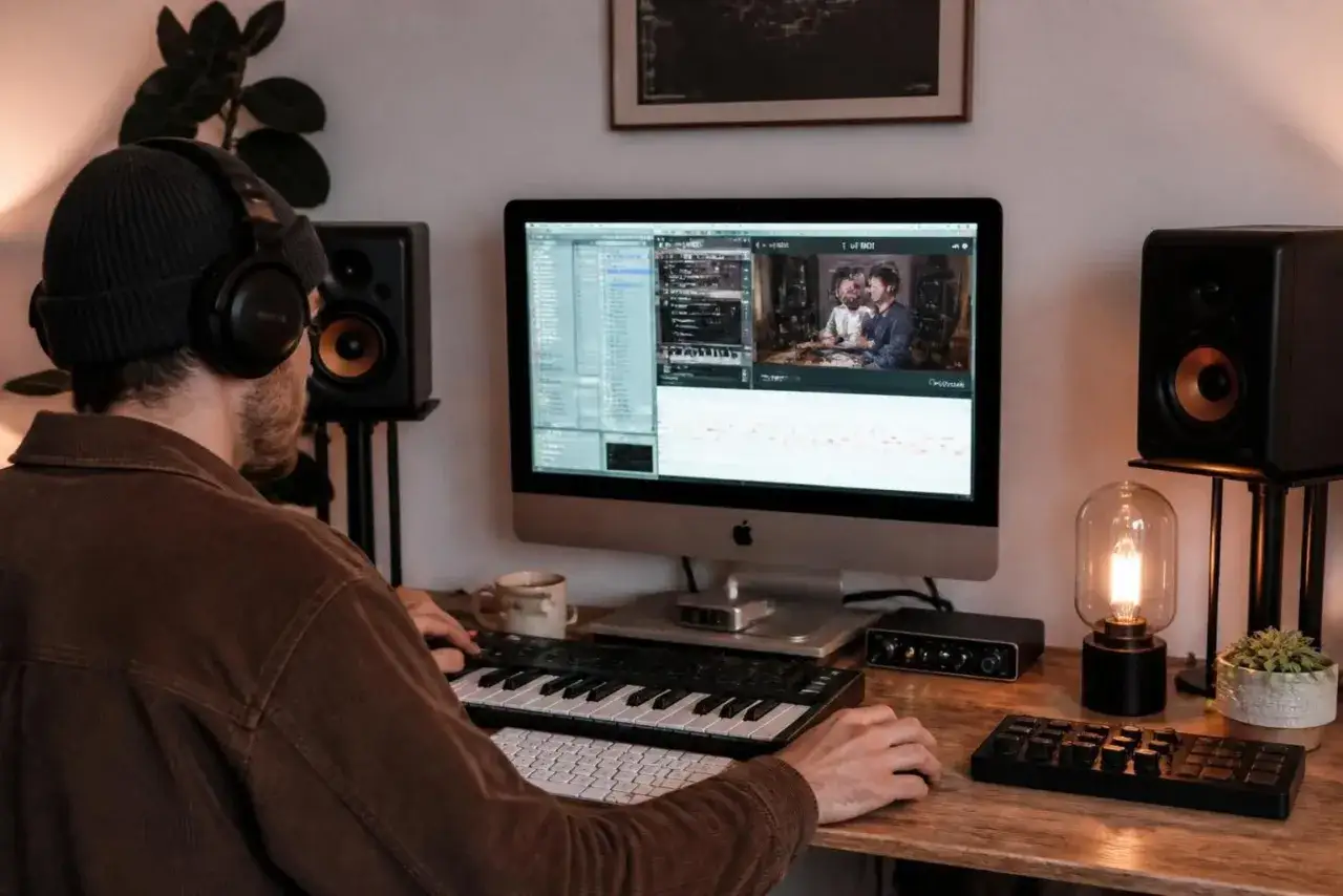 Un homme casque aux oreilles, devant son écran, utilise un clavier MIDI pour sa formation MAO CPF.