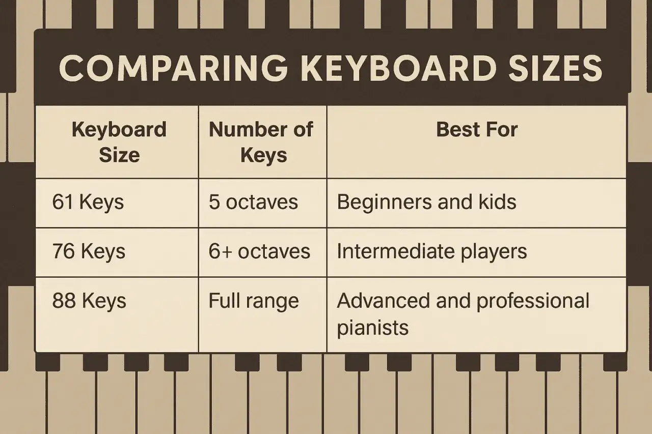Tableau comparant la taille des claviers de piano, le nombre de touches et leur utilité : 61 touches (5 octaves) pour débutants, 76 touches (6+ octaves) pour intermédiaires, 88 touches (gamme complète) pour avancés.