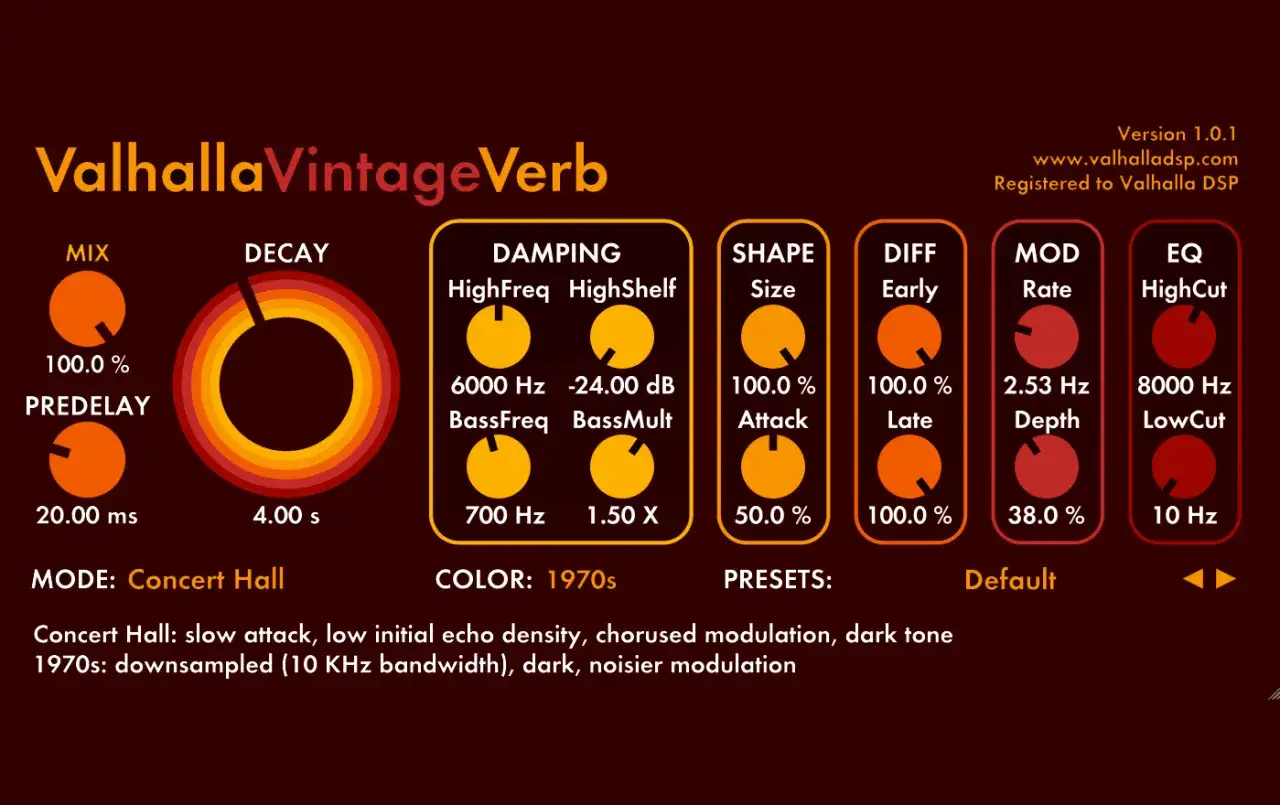 Interface Valhalla VintageVerb, réglages pour un reverb voix chaleureux.