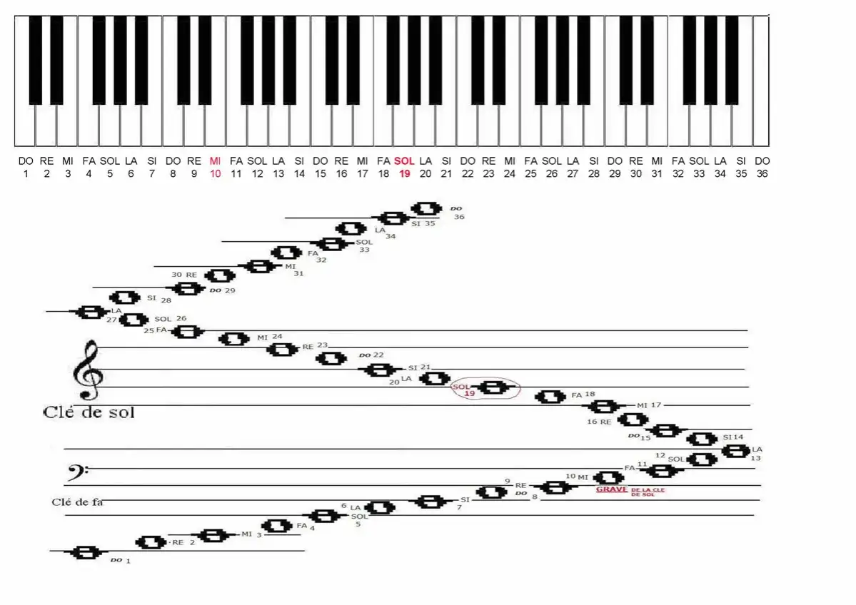 Un clavier de piano et des portées musicales montrant des notes. La note SOL 19 est entourée.