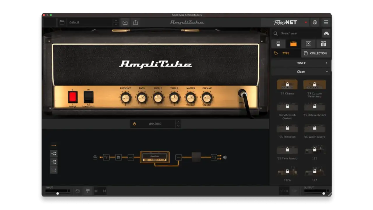 Interface du meilleur simulateur ampli guitare AmpliTube 5, montrant un ampli virtuel et une chaîne d'effets.