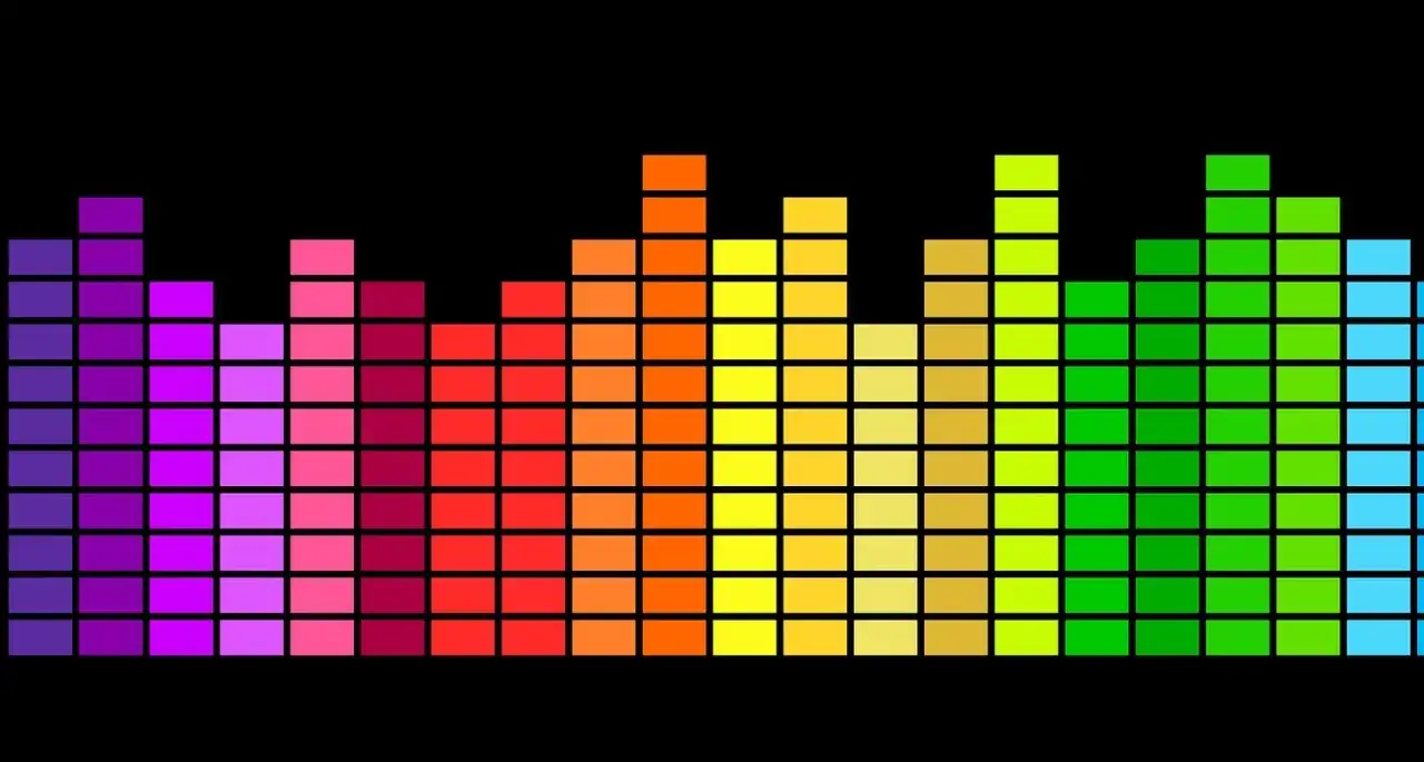 Visualisation d'un réglage égaliseur 7 bandes, avec des barres colorées allant du violet au bleu, représentant les fréquences audio.