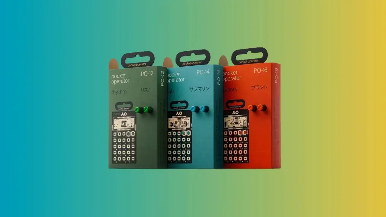 Trois boîtes de pocket operator, PO-12 Rhythm, PO-14 Sub et PO-16 Factory, alignées sur un fond dégradé.