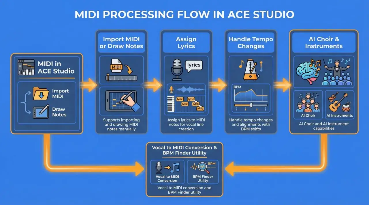 Flux de traitement MIDI dans ACE Studio : importation, assignation de paroles, gestion du tempo, et création de chœurs/instruments IA. Idéal pour composer à son midi.