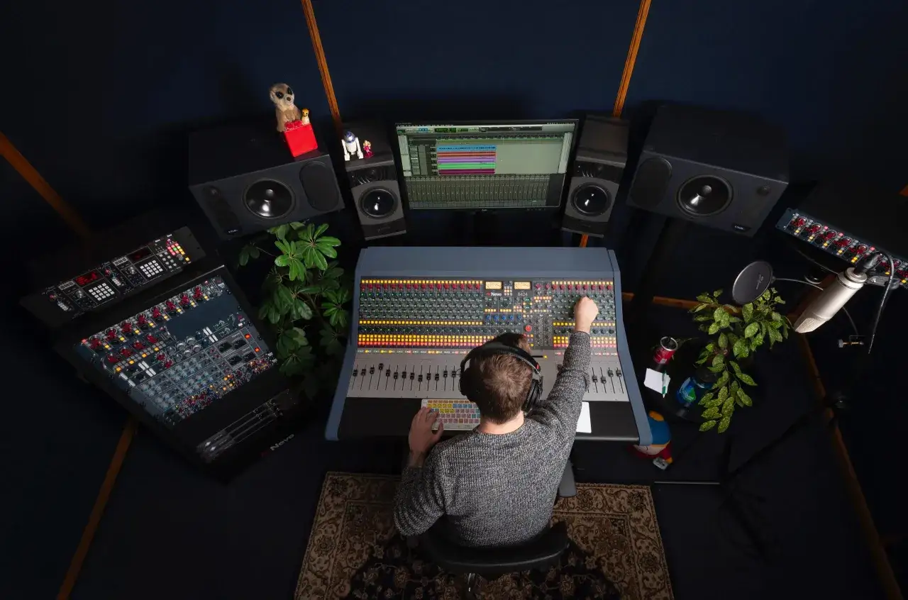 Ingénieur du son manipulant une console analogique, passant de l'analogique au numérique dans un studio d'enregistrement.