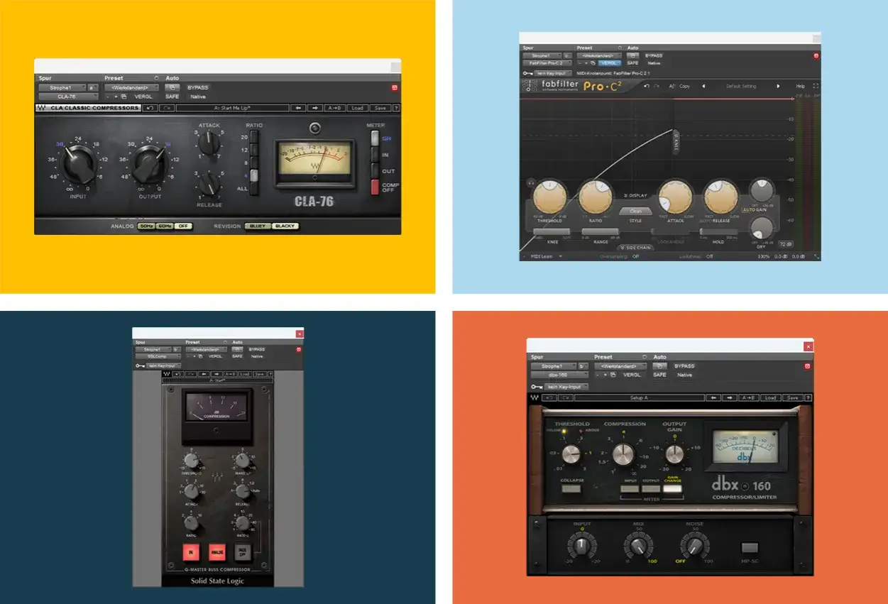 Quatre interfaces logicielles montrent comment utiliser un compresseur audio, avec des réglages variés pour le son.