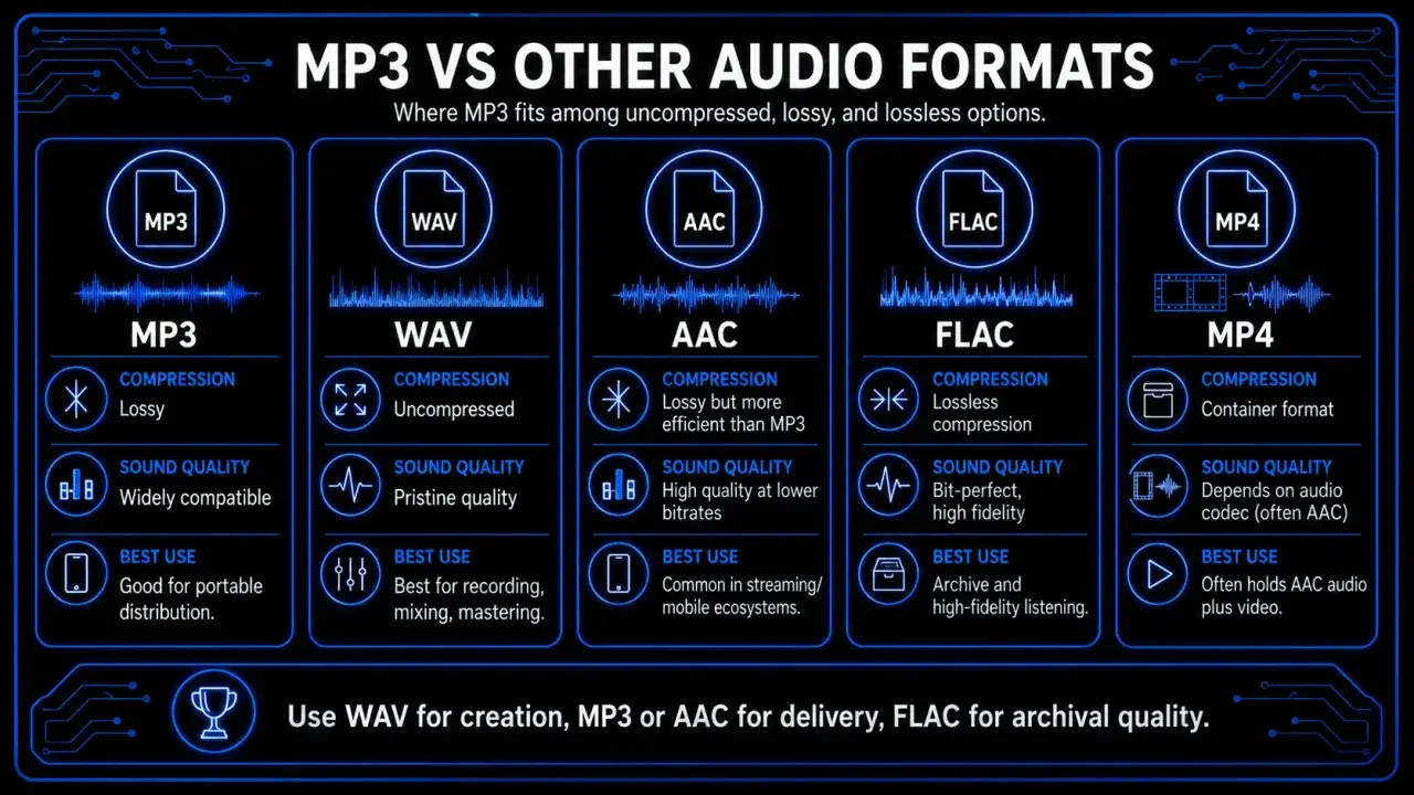 Comparaison des formats audio : MP3, WAV, AAC, FLAC (lossless audio), MP4. Le FLAC offre une qualité audio sans perte.