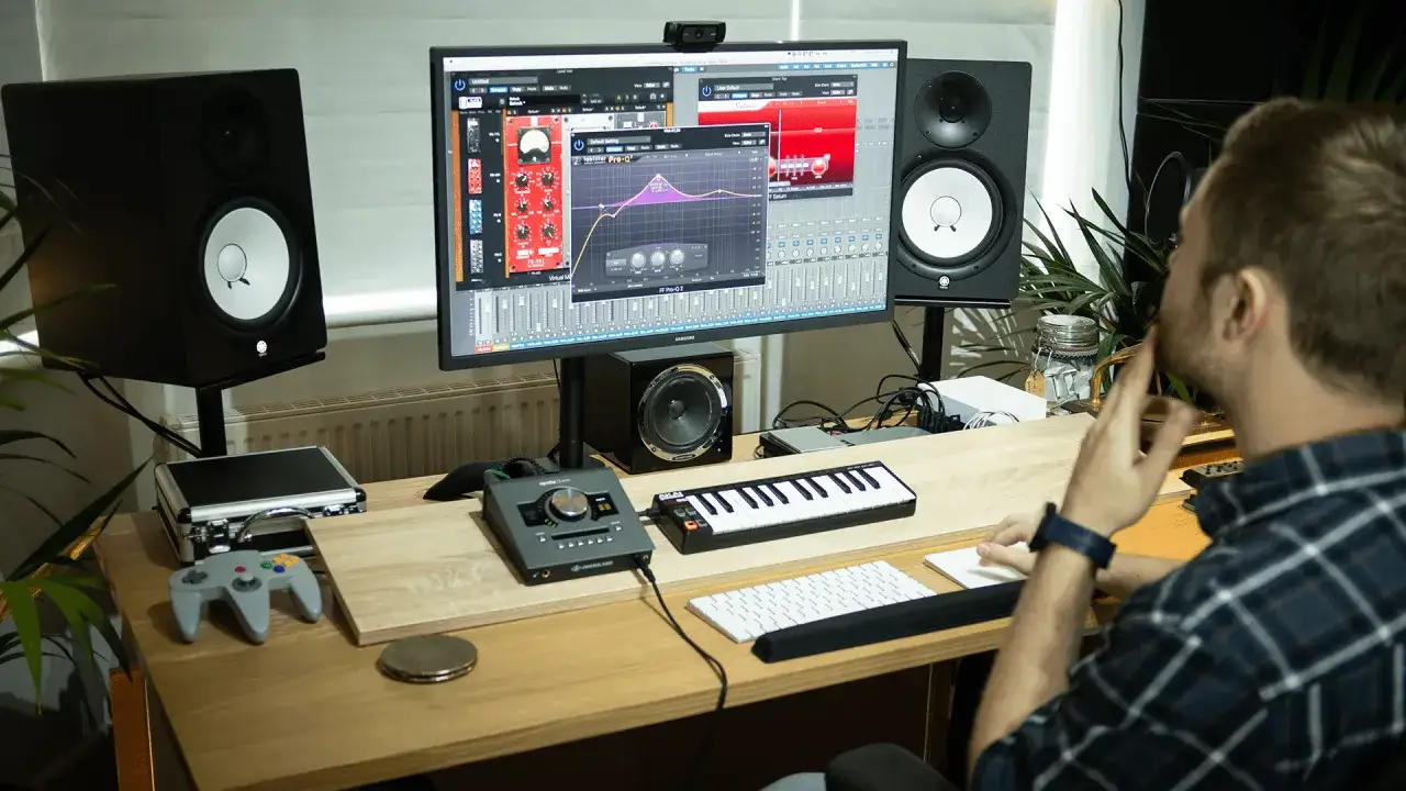 Un homme est assis devant son ordinateur, prêt à faire de la musique sur PC. Des enceintes, un clavier et une interface audio sont disposés sur son bureau.