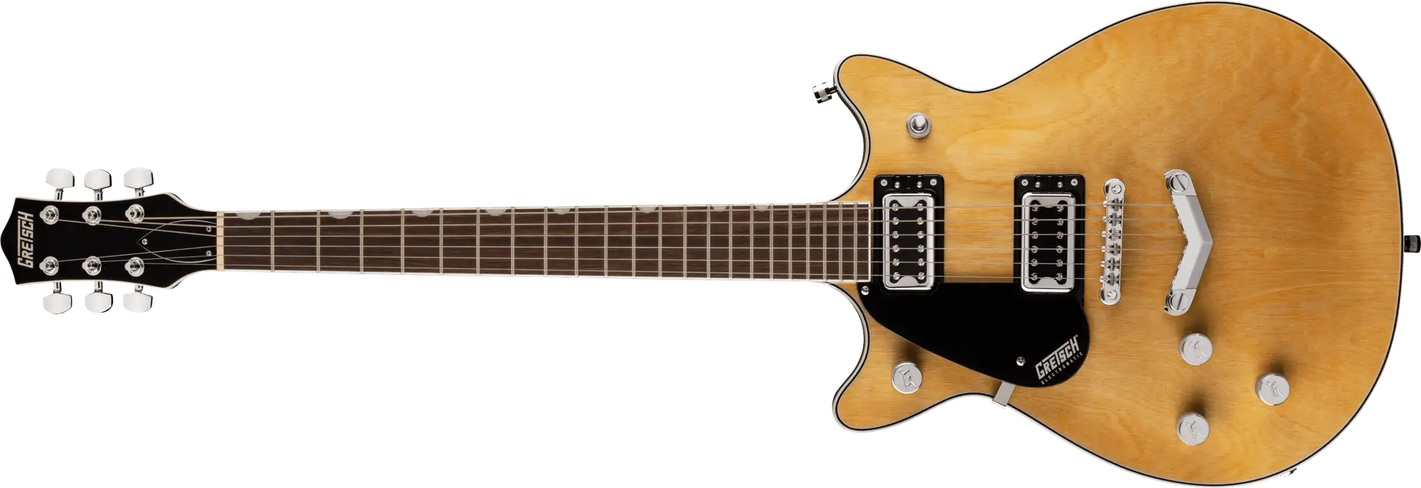 Guitare électrique Gretsch G5222 au fini naturel, avec deux micros humbucker et un vibrato Bigsby.