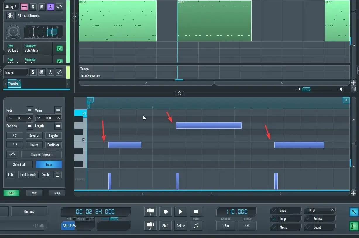 Écran d'un logiciel de musique montrant des notes MIDI. Les raccourcis pour renommer des éléments sont visibles.