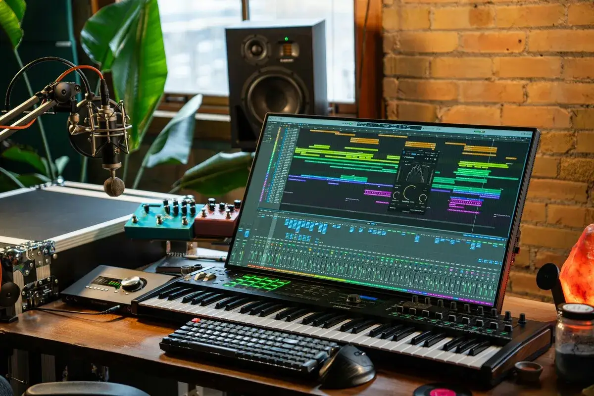 Bureau d'un producteur de musique électronique : clavier, écran avec logiciel de production, micro, enceintes et pédales d'effets.