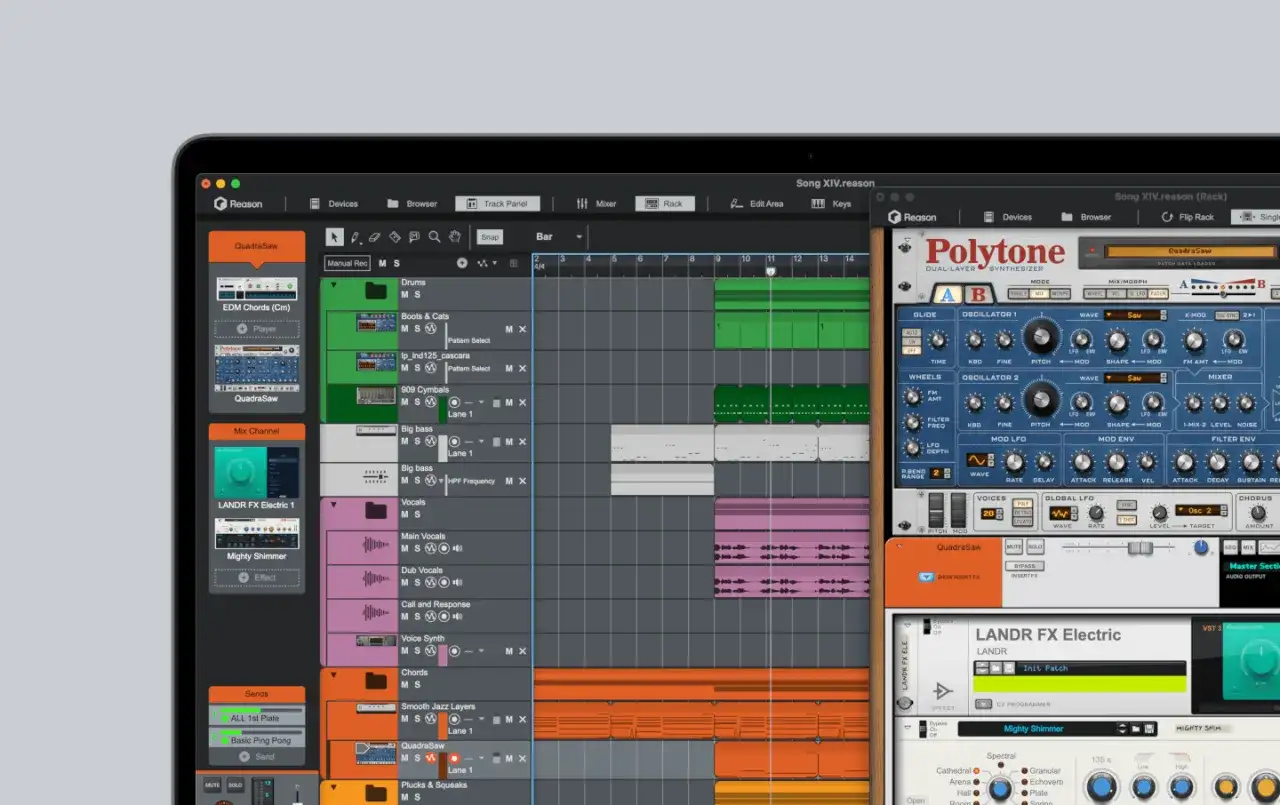 Interface de production musicale Reason, avec des pistes audio et des instruments virtuels comme QuadraSaw et LANDR FX Electric.