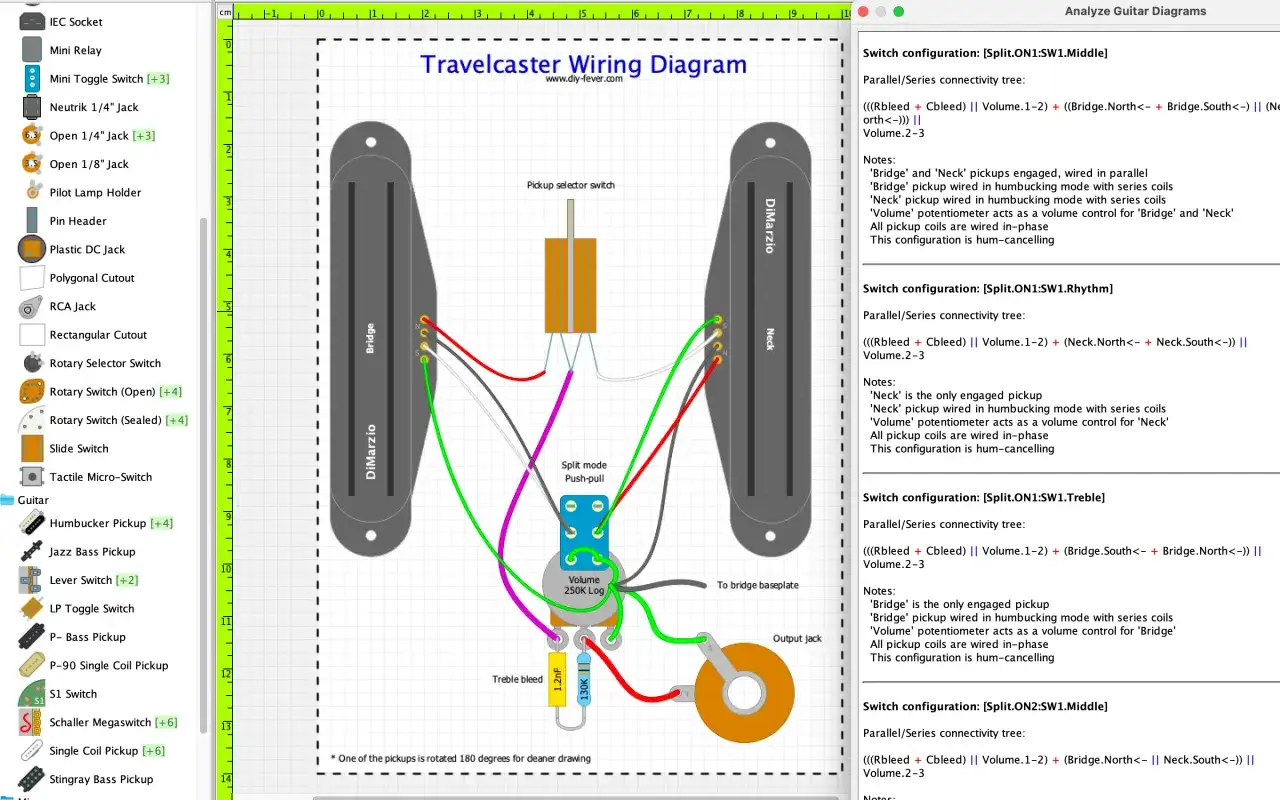 Schéma de câblage d'une guitare Travelcaster, montrant les micros, le sélecteur, le potentiomètre de volume et le sustainer guitare.