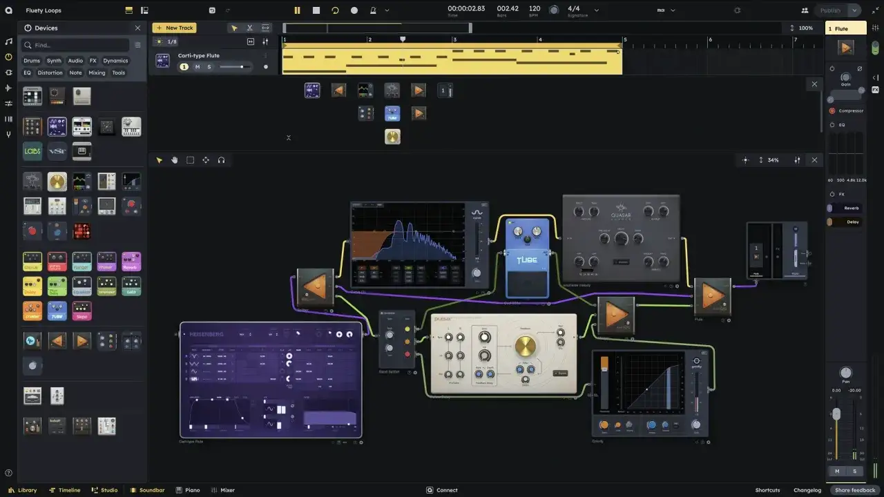 Interface d'un studio musique en ligne avec des effets audio connectés en chaîne pour créer des sons uniques.