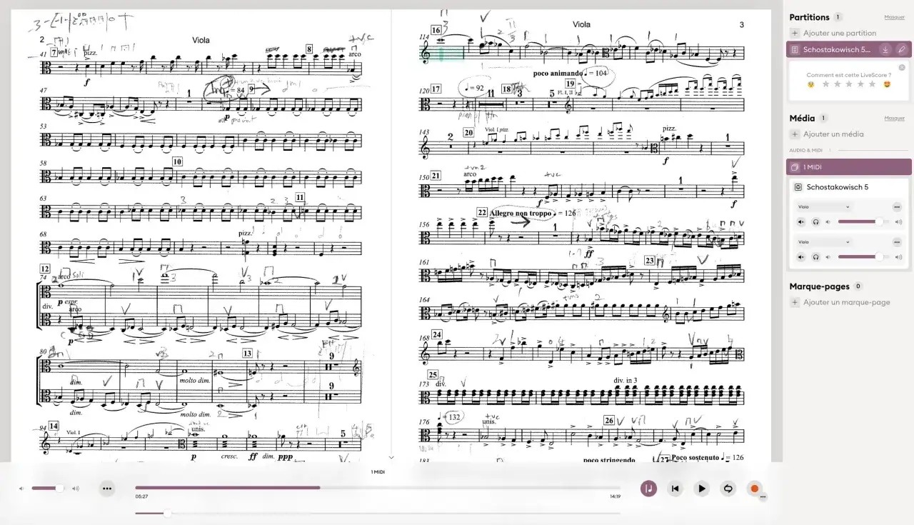 Partition de viola annotée, idéale pour une application de lecture de partition gratuite.