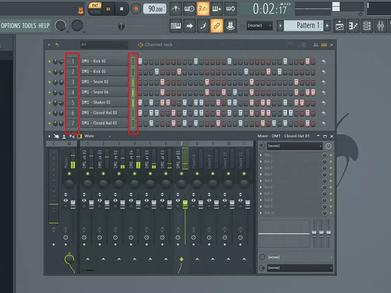 Dans ce logiciel de musique, les paternes sont organisés pour créer un rythme. On voit des pistes de batterie comme kick, snare et hats.