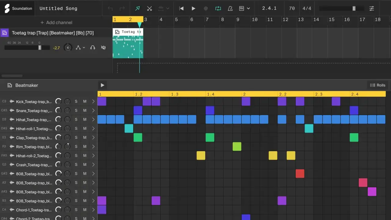 Interface de création musicale, un site pour faire des instru gratuit. Des notes colorées indiquent le rythme d'une piste de trap.