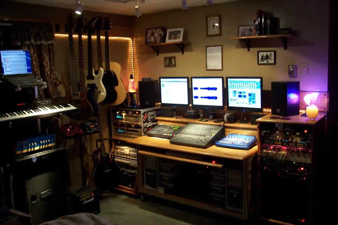 Studio d'enregistrement avec guitares, claviers, ordinateurs et console de mixage. Idéal pour enregistrer de la musique gratuitement et créer vos propres sons.