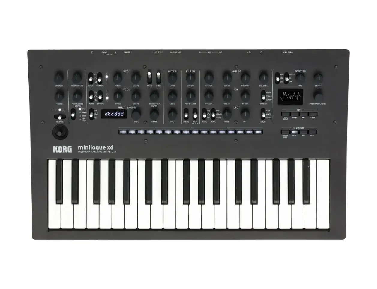 Clavier Korg minilogue xd noir, avec ses nombreux boutons et potentiomètres pour sculpter le son.