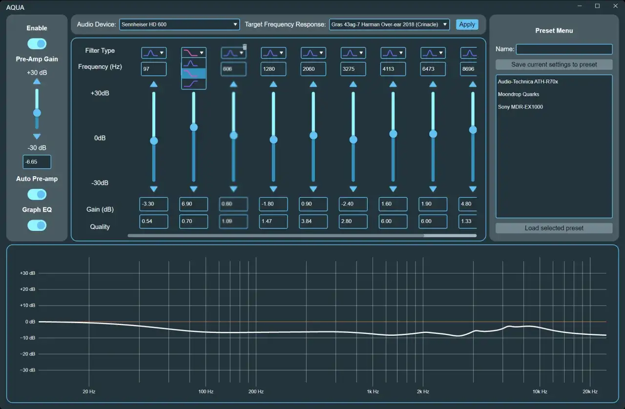 Logiciel égaliseur pour Windows 10 64 bits gratuit, avec réglages pour Sennheiser HD 600 et courbes de réponse en fréquence.