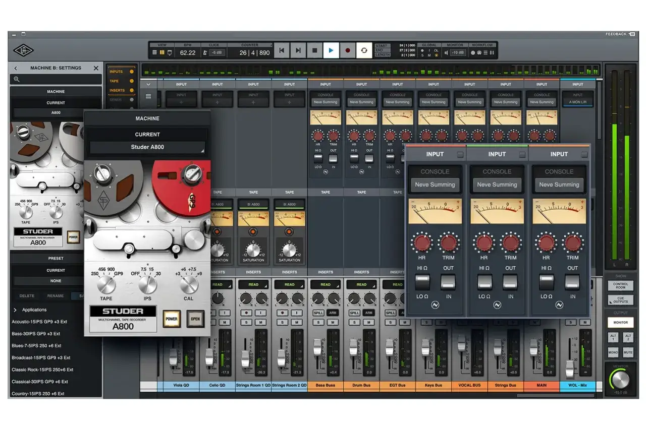 Interface d'un logiciel de production musicale, simulant un enregistreur à bande Studer A800. Le logiciel luna est utilisé pour le mixage audio.