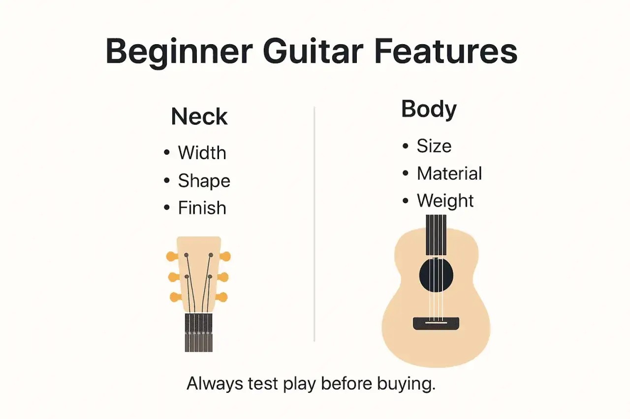 Guide pour débutants : quelle guitare choisir ? Détails sur le manche (largeur, forme, finition) et le corps (taille, matière, poids).