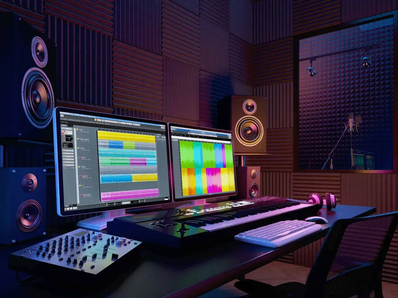 Studio d'enregistrement avec écrans affichant des pistes audio, un clavier, une table de mixage et des enceintes. Idéal pour apprendre comment écrire un son.