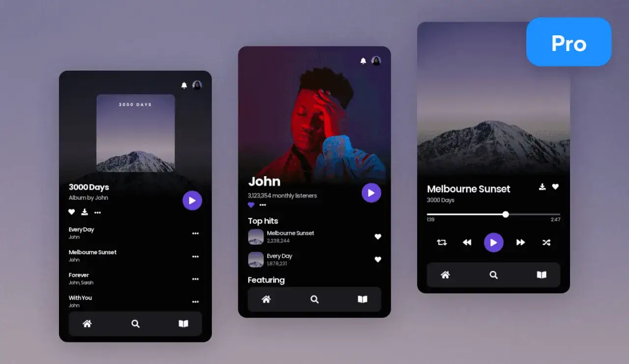 Trois écrans d'une application de musique affichant des albums, des artistes et des pistes.