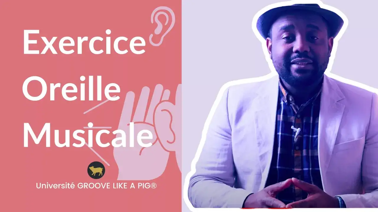 Exercice Oreille Musicale : un homme souriant, chapeauté, porte une veste claire. Le texte annonce un entraînement pour les oreilles musicales.
