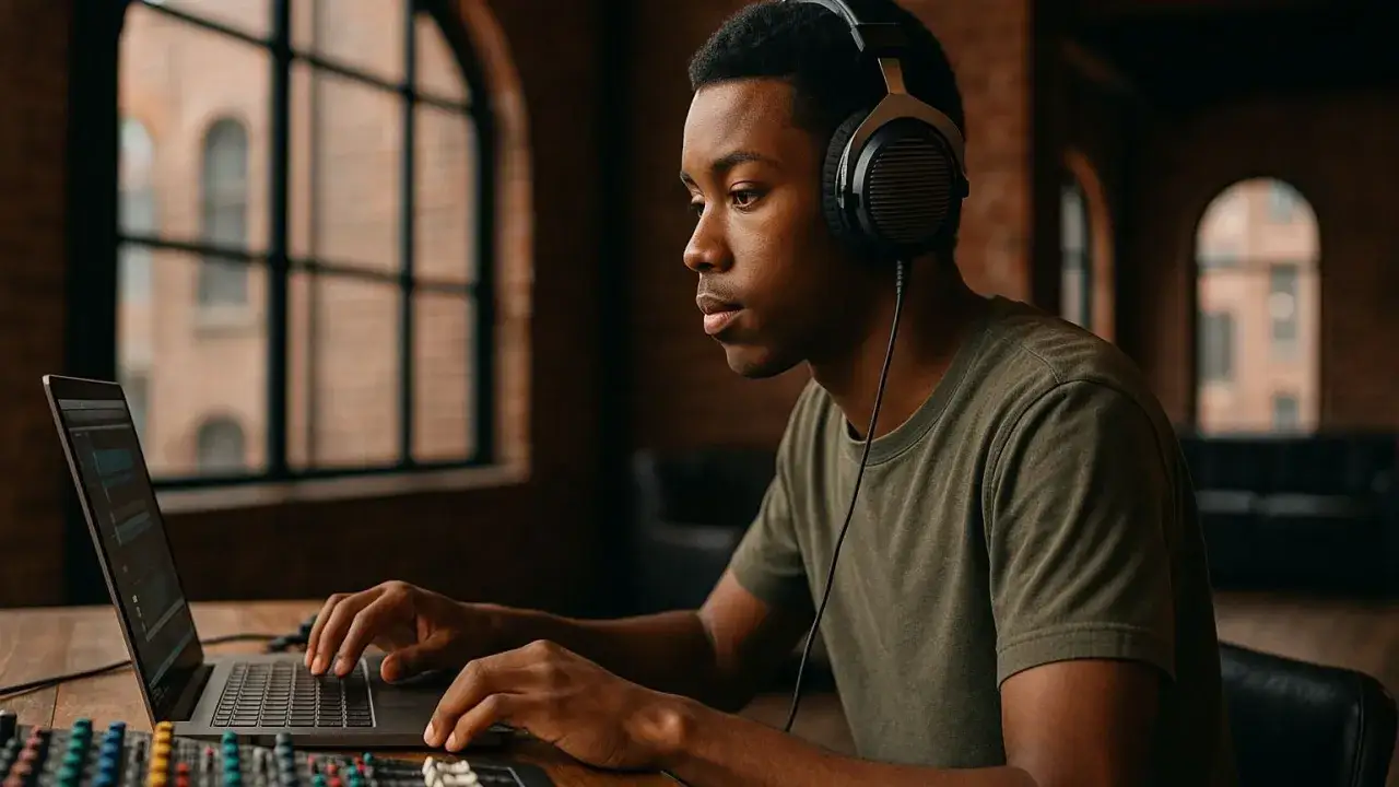 Un jeune homme concentré sur son ordinateur portable, casque sur les oreilles, en pleine production musique. Une table de mixage est visible au premier plan.