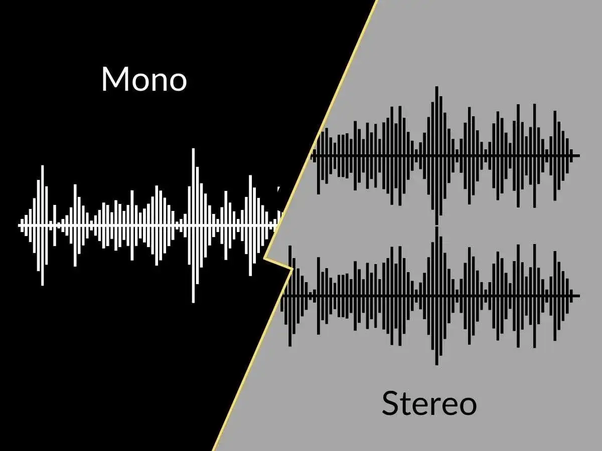 Visualisation d'ondes sonores : une piste audio mono blanche sur fond noir, contrastant avec deux pistes stéréo noires sur fond gris.