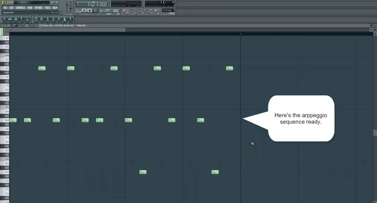 Séquence d'arpeggiator FL Studio dans le piano roll, avec des notes vertes disposées pour créer un motif musical.