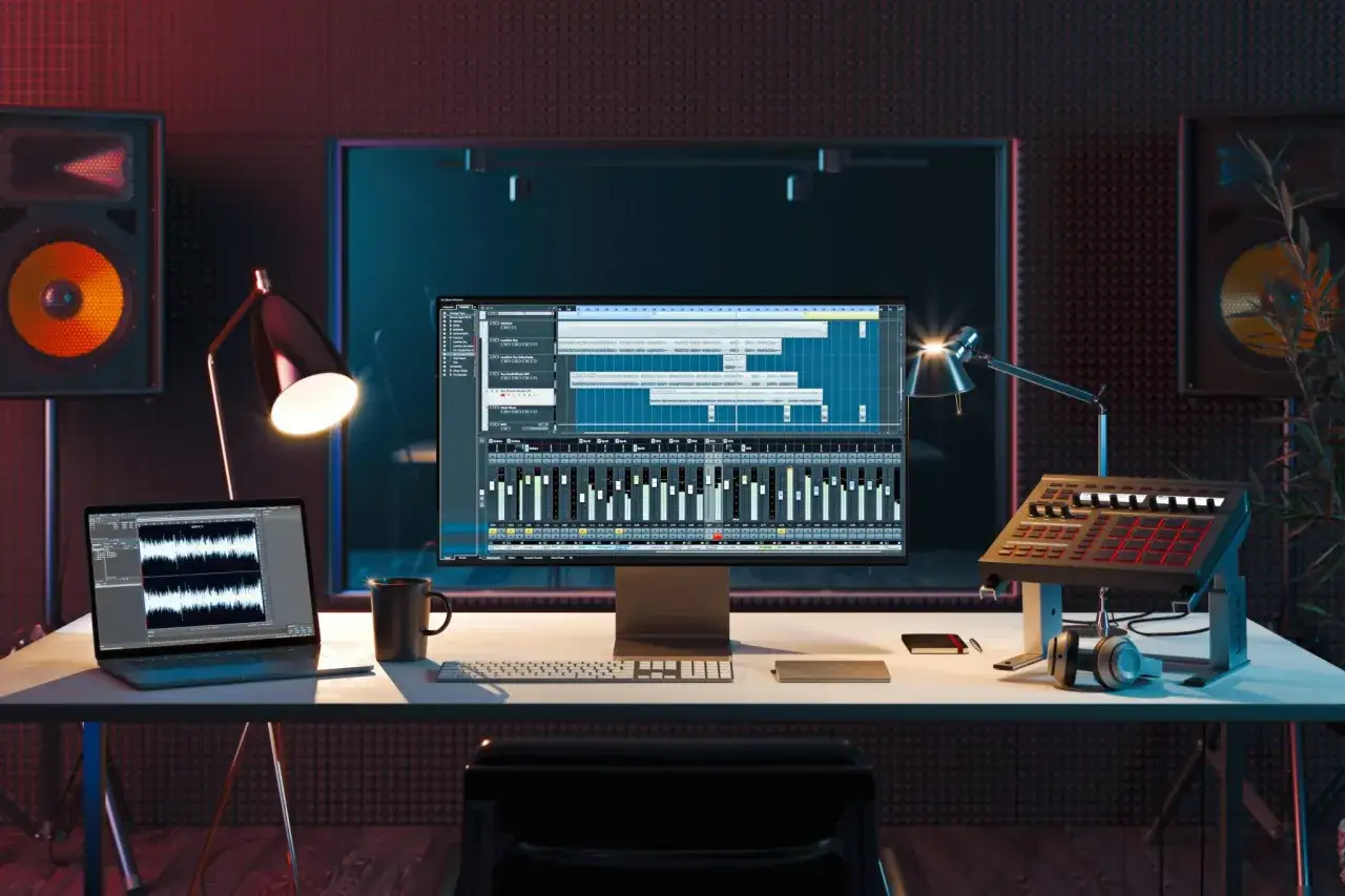 Un mao studio moderne avec écran d'ordinateur affichant une table de mixage, un ordinateur portable, des enceintes et un pad de batterie.
