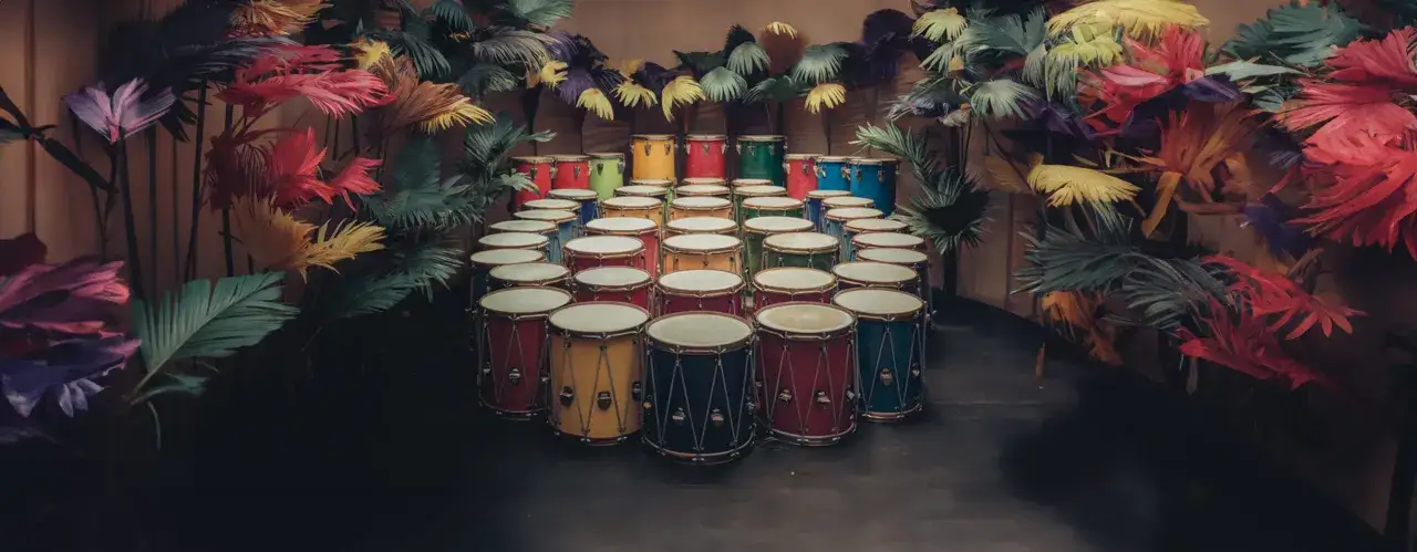 Un ensemble de tambours colorés, prêts pour une explosion de percussion brésilienne, entourés de feuillages vibrants.