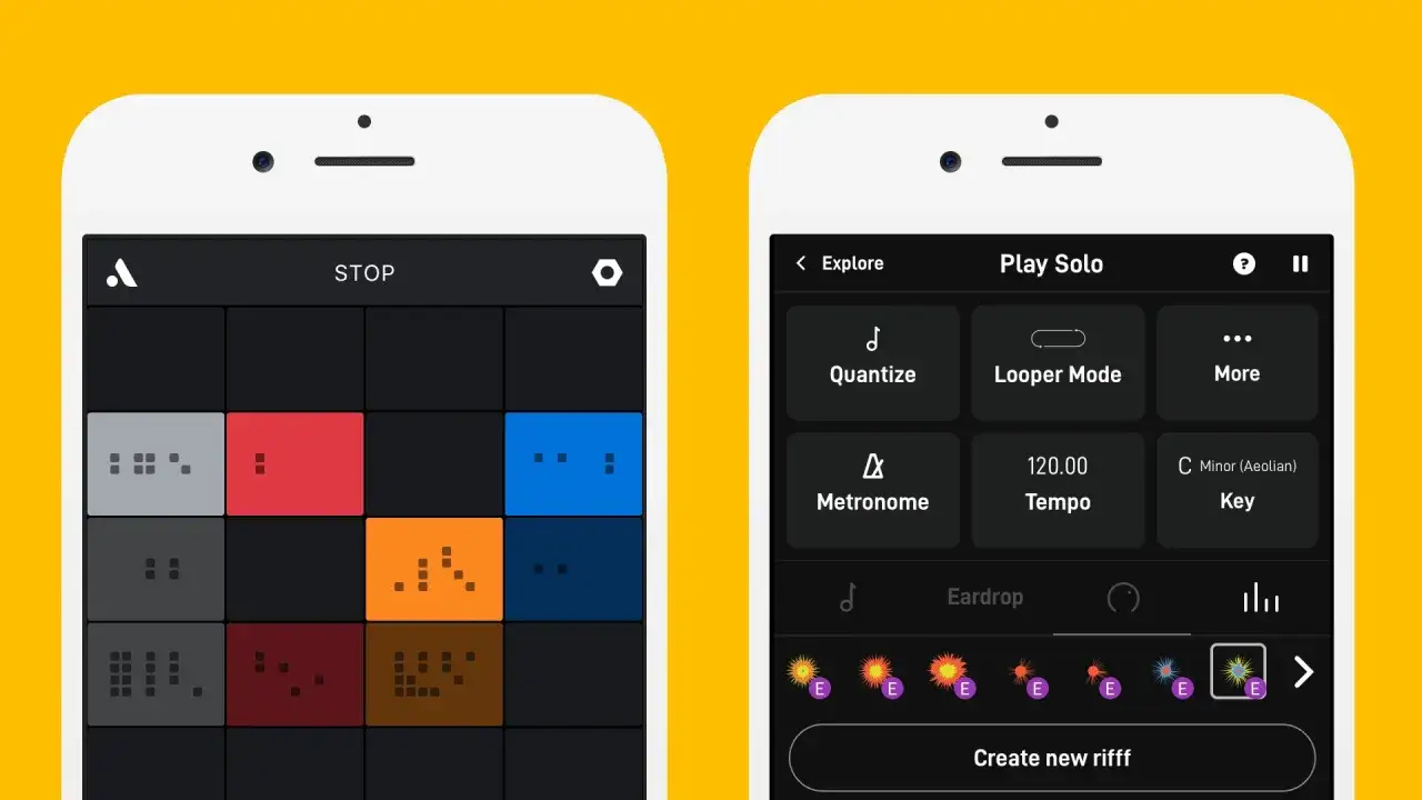 Interface d'une application pour faire de la musique, avec une grille de samples et des options de tempo et de clé.