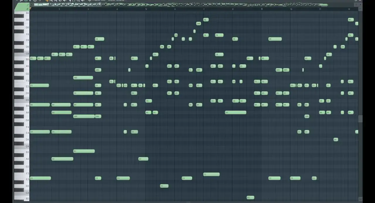 Un piano roll dans Fl Studio, montrant une composition musicale avec des notes vertes disposées sur une grille.