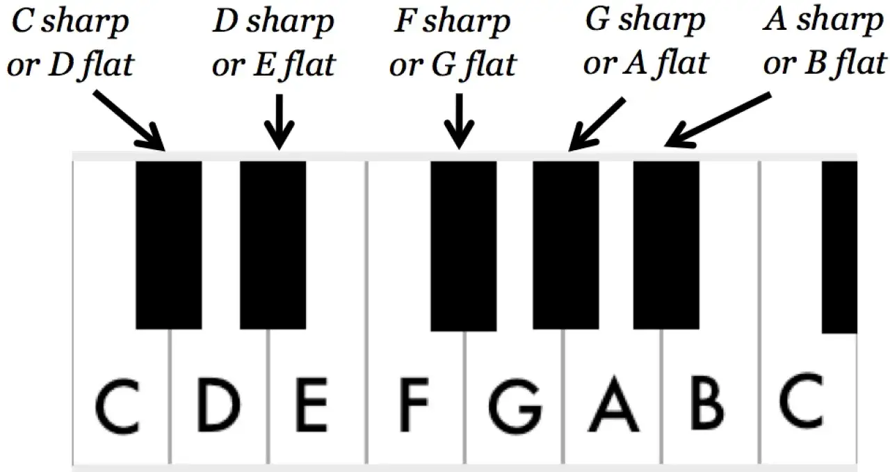 Clavier de piano montrant les notes : Do dièse ou Ré bémol, Ré dièse ou Mi bémol, Fa dièse ou Sol bémol, Sol dièse ou La bémol, La dièse ou Si bémol.