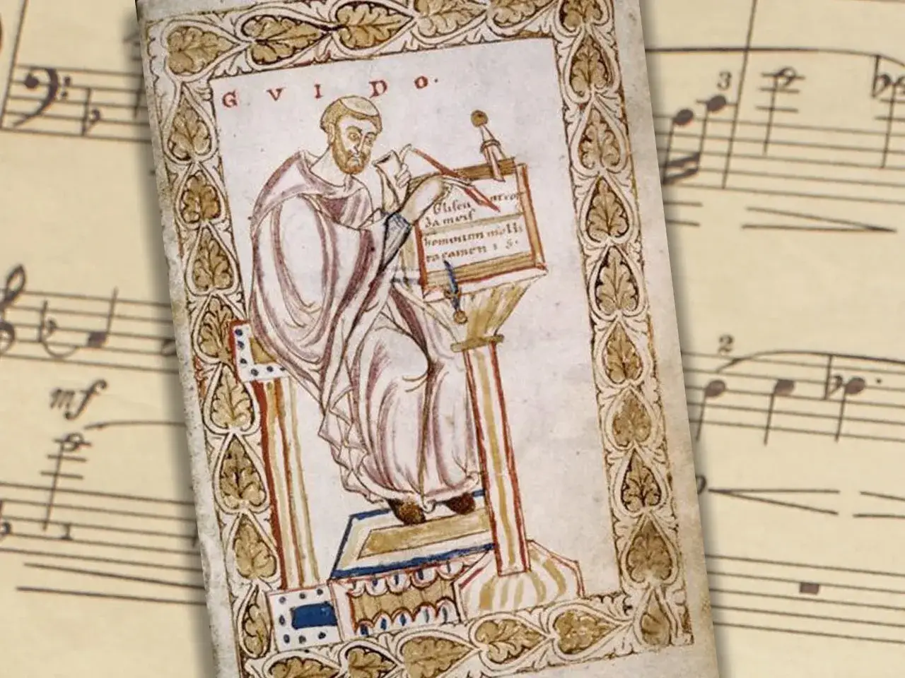 Illustration médiévale d'un moine écrivant, peut-être Guido d'Arezzo, inventeur de la clé de ré, sur fond de partition musicale.