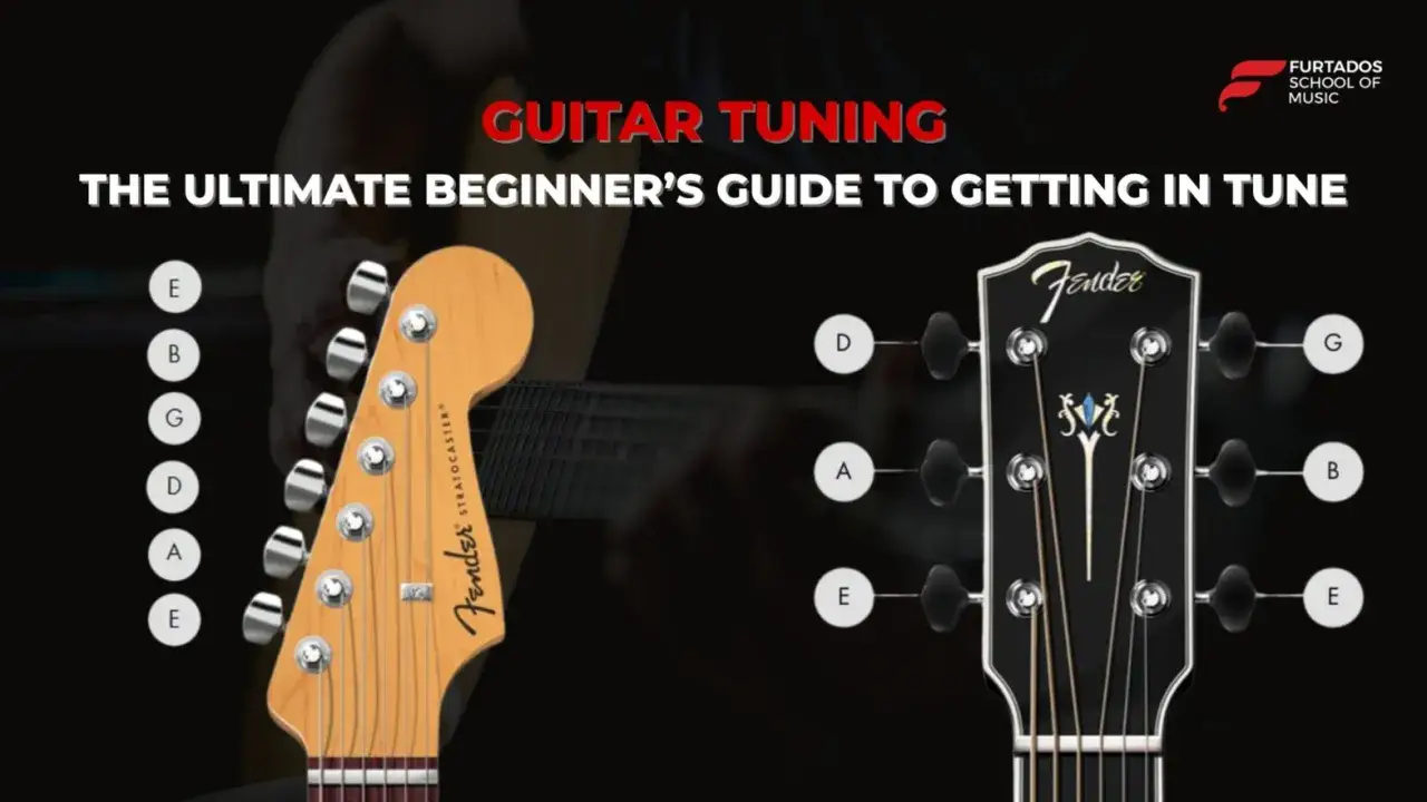 Guide pour accorder sa guitare, montrant les têtes de deux guitares avec les notes des cordes indiquées.