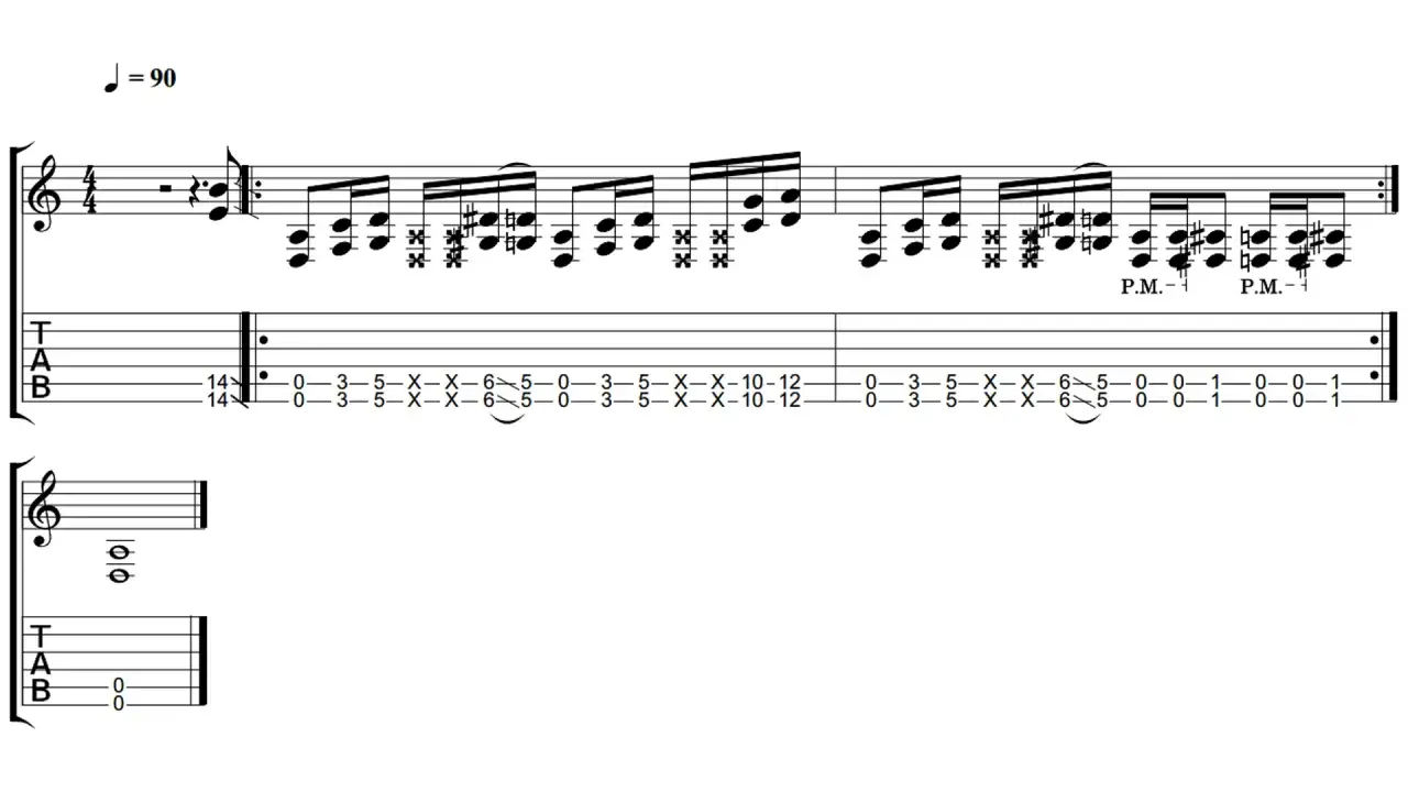 Partition de guitare avec indication de tempo J=90. La tablature montre une séquence de notes, incluant des