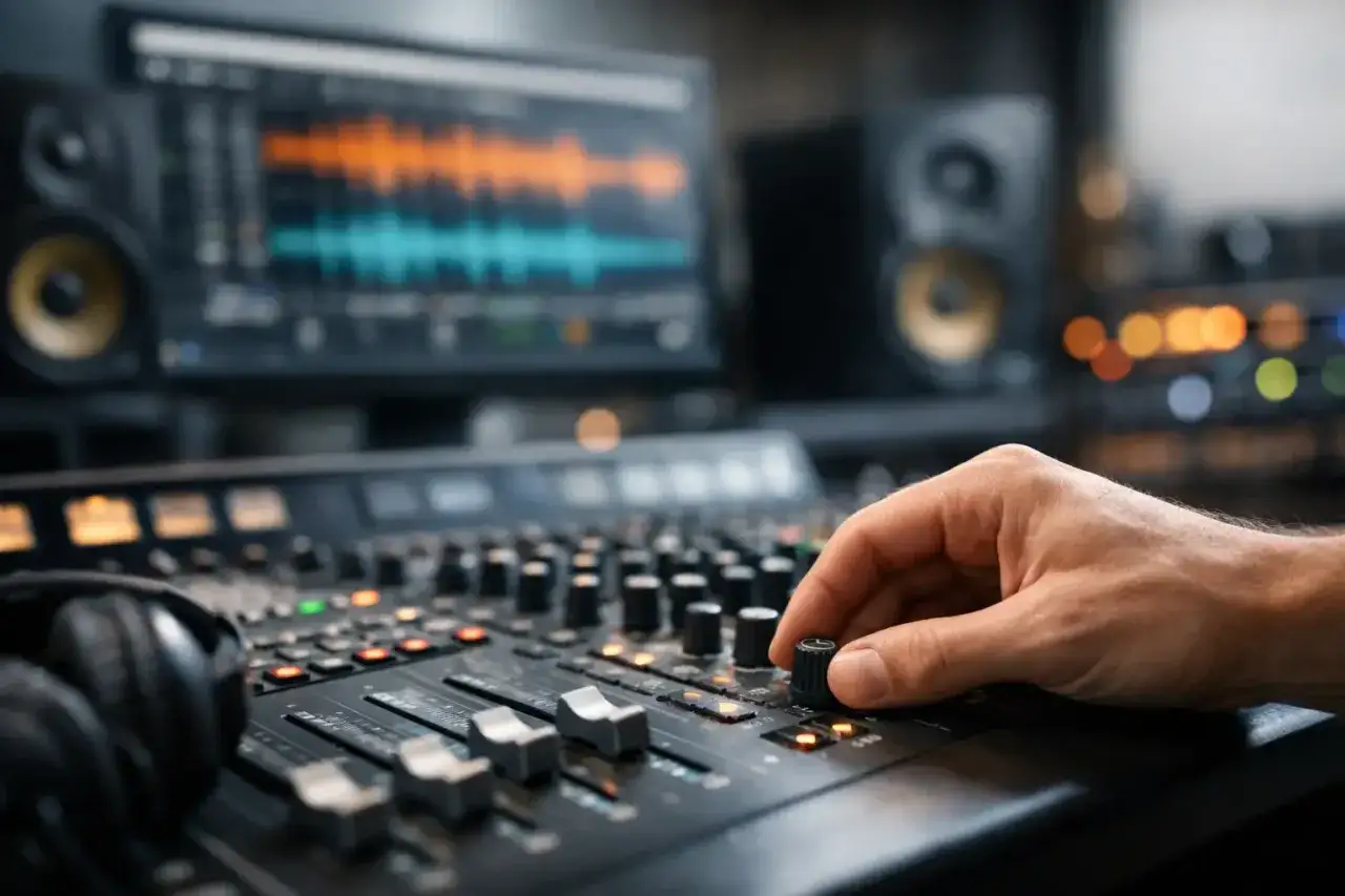 Main d'un ingénieur du son ajustant les réglages sur une console pour mixer une voix. Écouteurs et écran avec formes d'onde en arrière-plan.