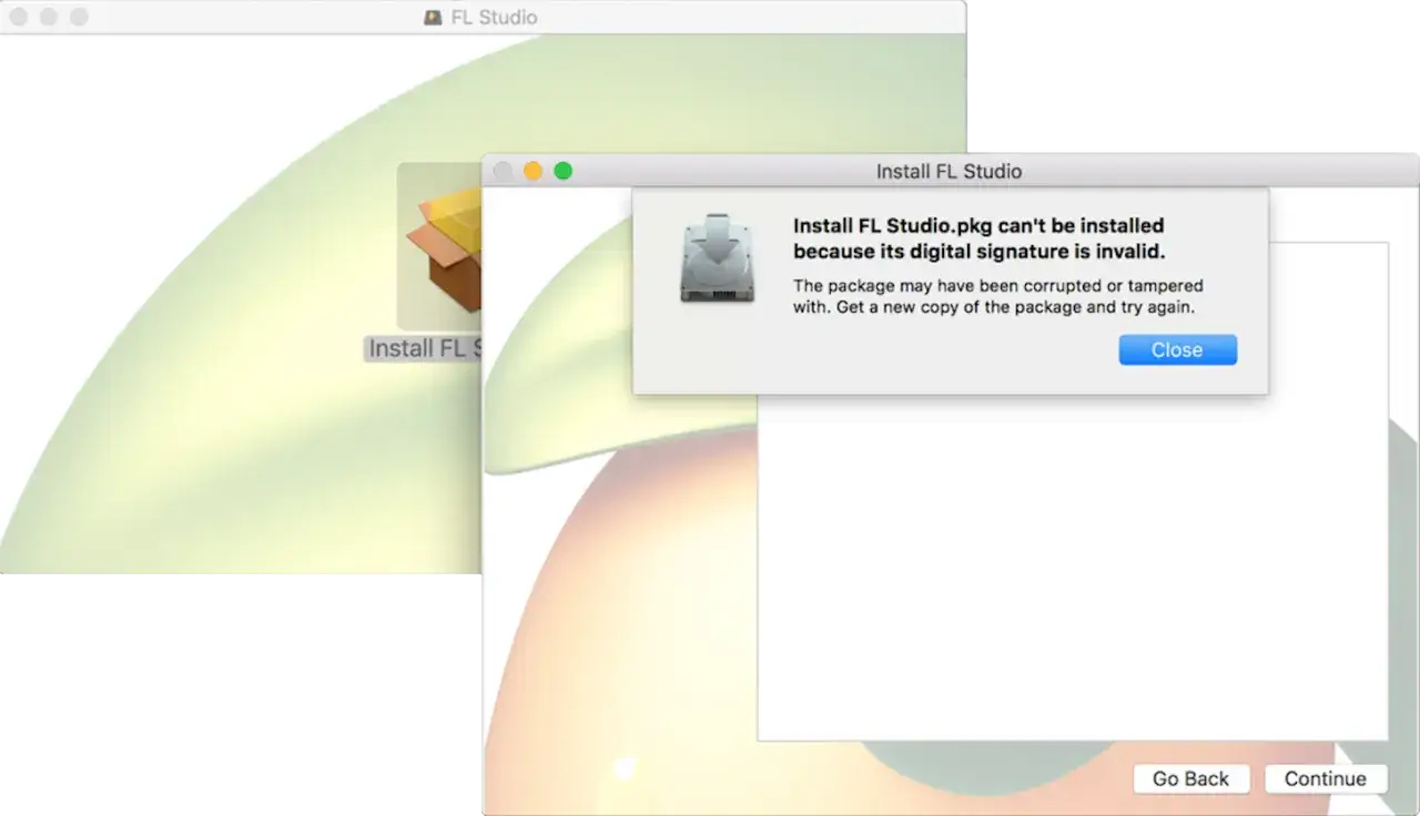 Erreur d'installation de FL Studio 21 sur Mac : signature numérique invalide. Le package est peut-être corrompu.