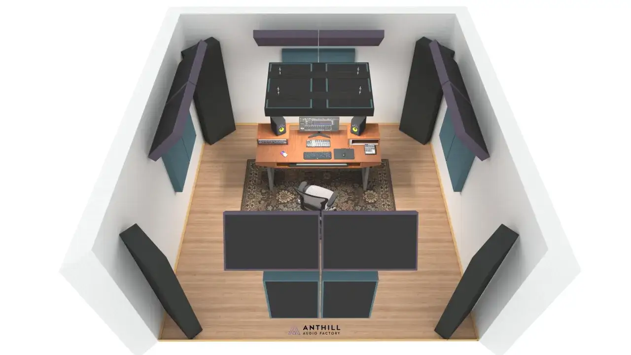 Vue aérienne d'un studio d'enregistrement avec bureau, écrans, claviers, enceintes et panneaux acoustiques. L'équipement studio d'enregistrement est prêt pour la création musicale.