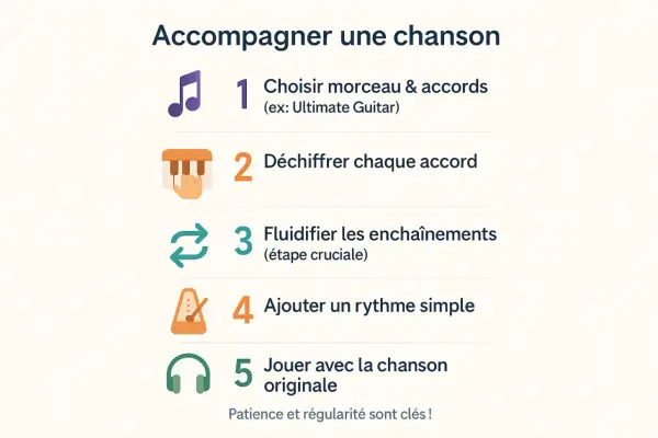 Guide pour accompagner une chanson : choisir le morceau, déchiffrer chaque accord de piano, fluidifier les enchaînements, ajouter un rythme et jouer avec la chanson originale.