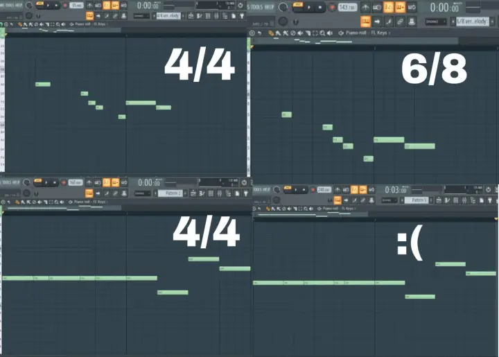 Quatre vues d'un logiciel de musique montrant des notes sur un piano roll. Deux vues affichent "4/4", une "6/8" et une triste émoticône. La signature rythmique varie.