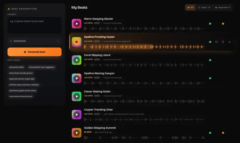 Interface de création musicale affichant des "paternes" de rythmes, avec des options pour générer de nouveaux sons et une liste de créations existantes.