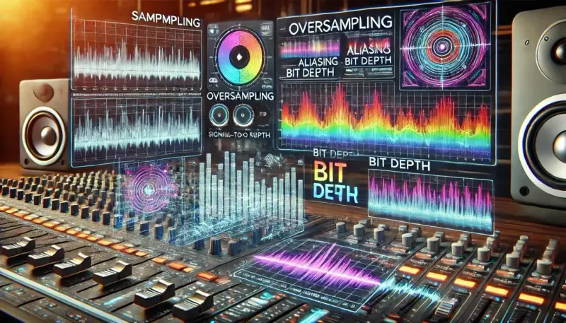Table de mixage avec écrans affichant des graphiques d'ondes et des indicateurs de signal numérique, tels que le "bit depth" et l'"oversampling".